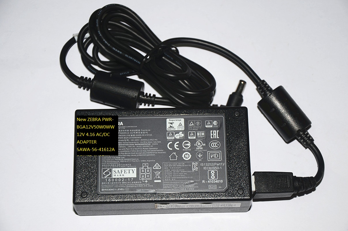 New ZEBRA SAWA-56-41612A PWR-BGA12V50W0WW 12V 4.16 AC/DC ADAPTER POWER SUPPLY